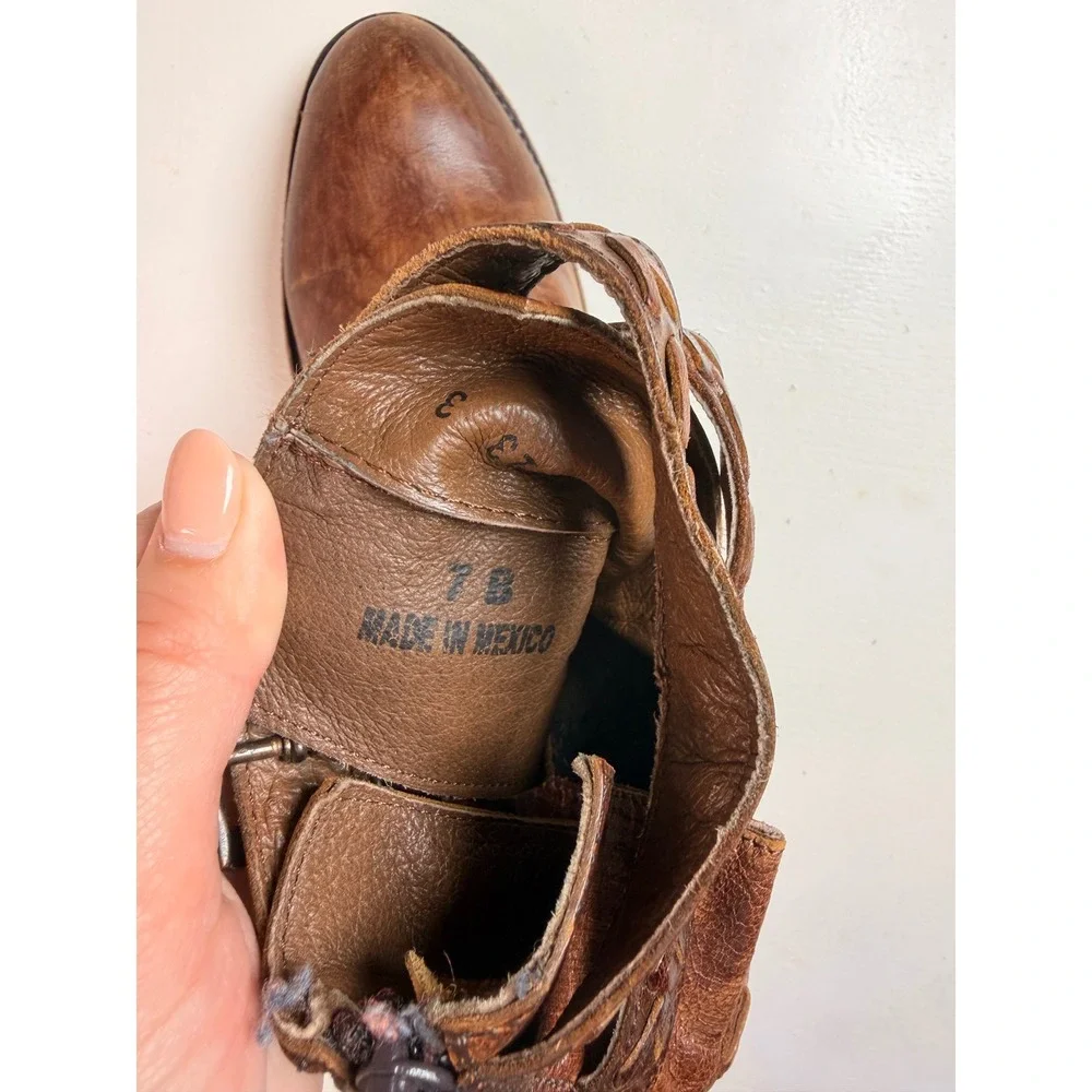 Bed Stu Glaye‎ Ankle Boots Womens Brown Size 8 Braided Triple Buckle Leather